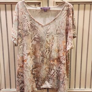 Gloria Vanderbilt Studded Embellished v-neck Top Tropical Animal Print Size XL